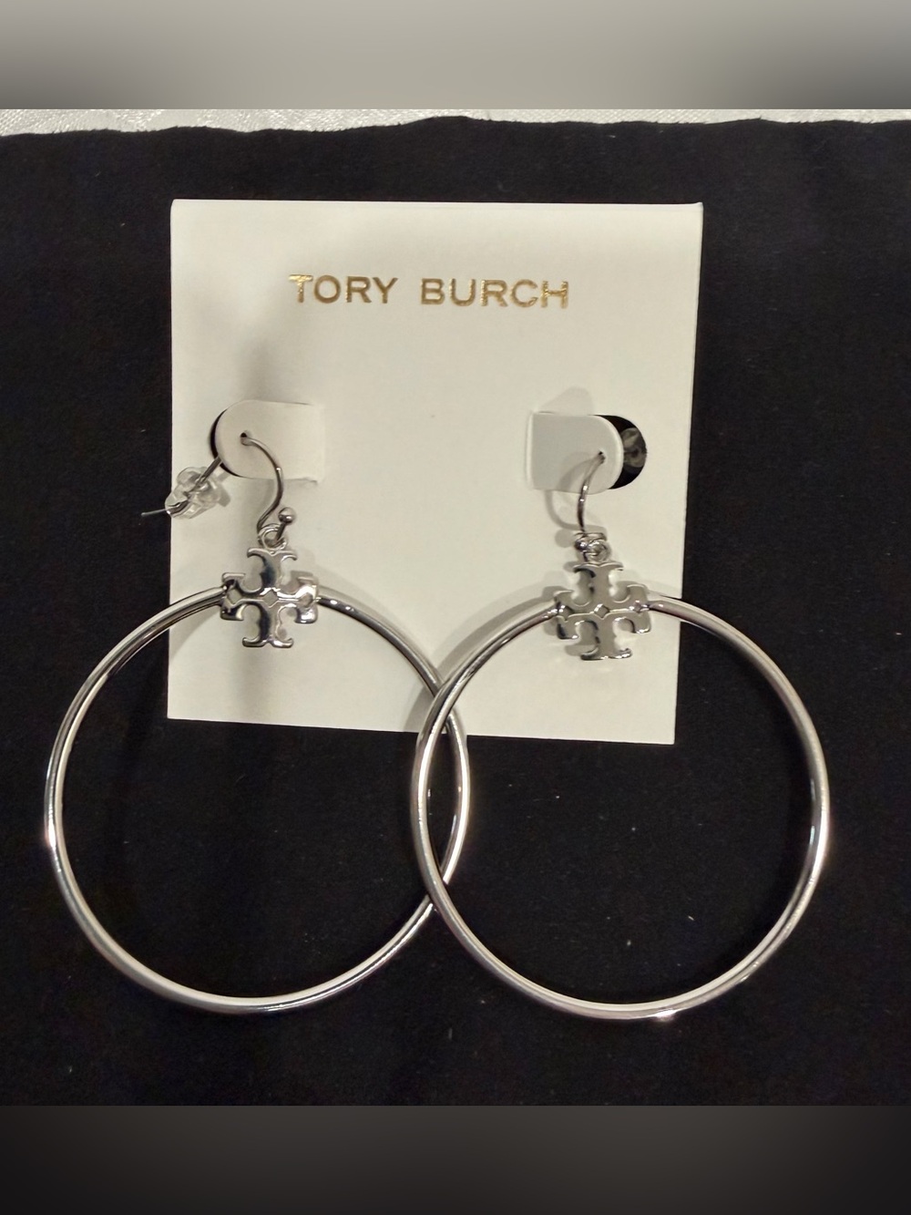 Tory Burch Silver-Tone Hoop Earrings with Logo Accent New